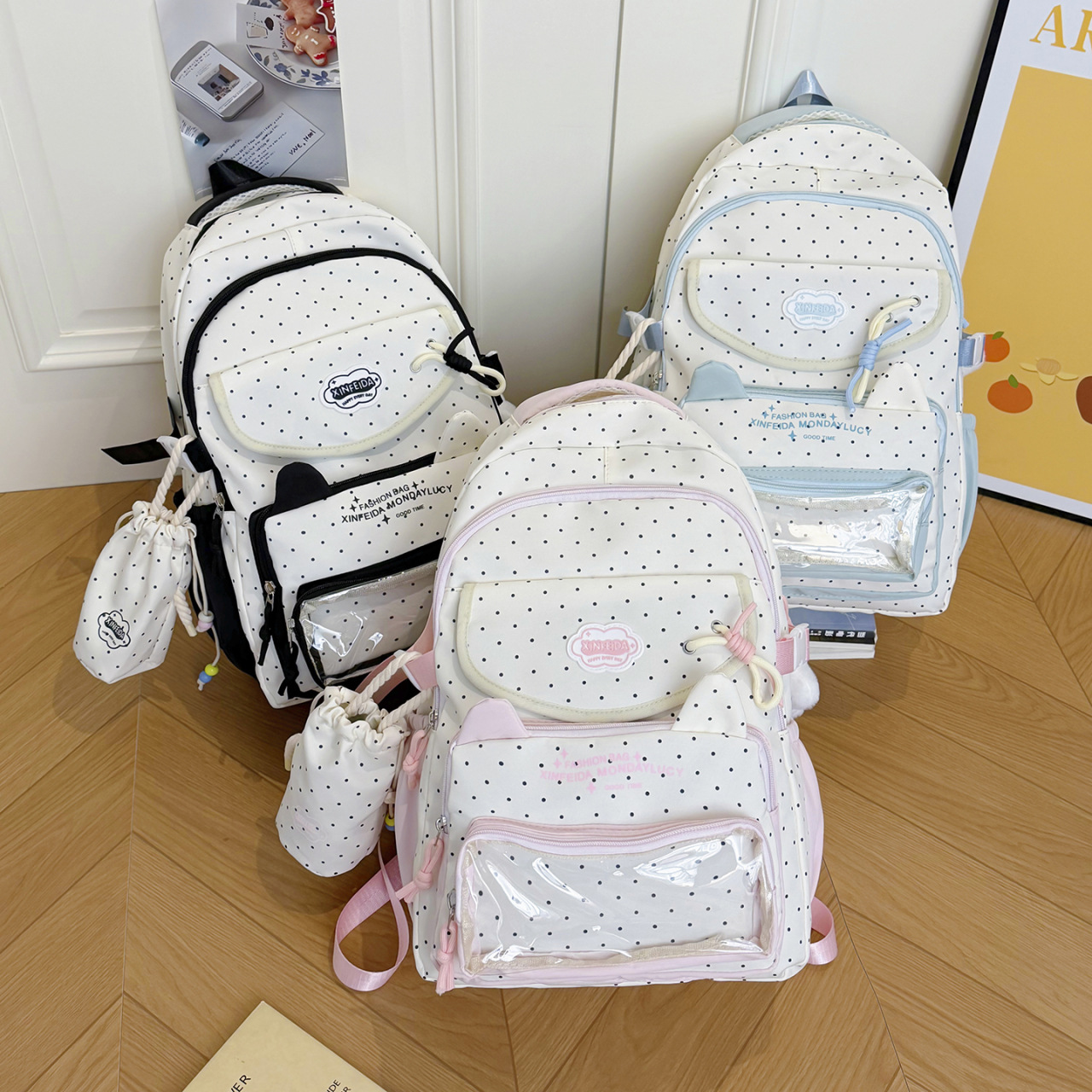 Two-piece school bag set for middle and high school girls, large-capacity, stylish, fresh polka dot backpack, wholesale