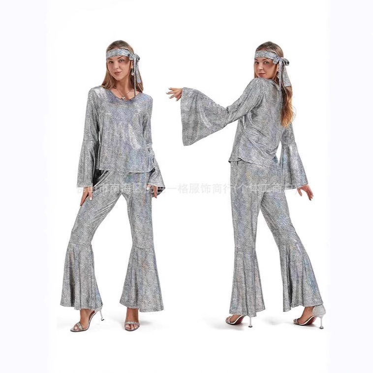 European and American New Halloween suit 70 s Old Age Disco Bronzing Sequin Horn Sleeve Long Headband suit