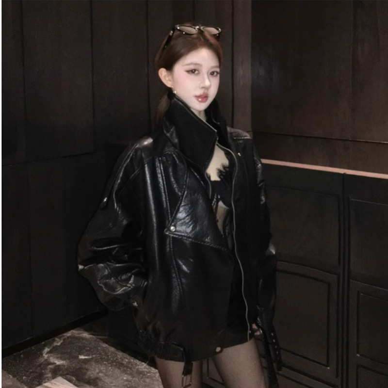 黑色pu皮衣外套女秋季美式复古高级感宽松拉链立领机车服夹克上衣|undefined