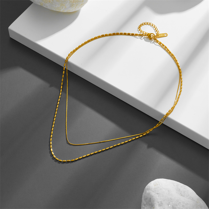 PVD Coated Gold Plating Process 18K Gold Plated Plating Material PVD Coated Real Gold Plated 18K Gold Solid Color Titanium Steel Simple Style Waterproof Non Tarnish Titanium Steel Layered Necklaces