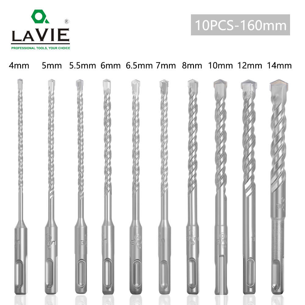 Lavie 10-Piece Set Impact Drill Bits Electric Hammer Drill Bits Tungsten Steel Four-Edged Milling Cutter Two Grooves Round Shank Wall Drilling