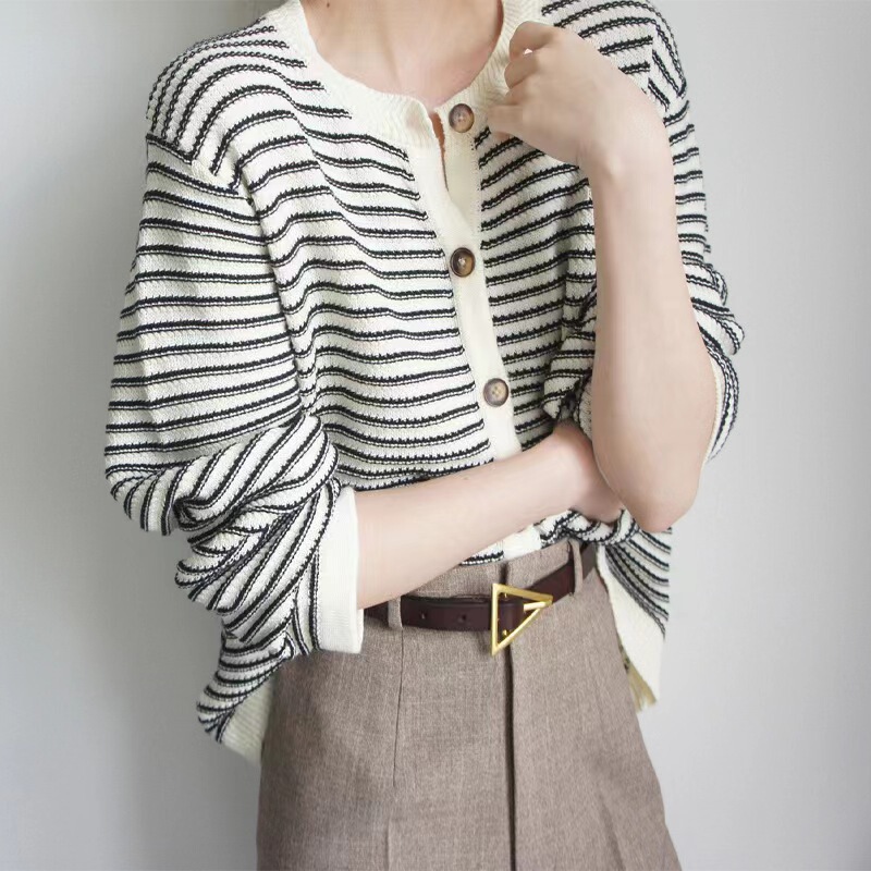 JOJOZ vintage Jacquard striped 100% cotton long-sleeved sweater skin-friendly comfortable loose fashionable chic21 autumn and winter