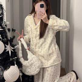 新款加厚法兰绒300g卡通碎花女睡衣家居服