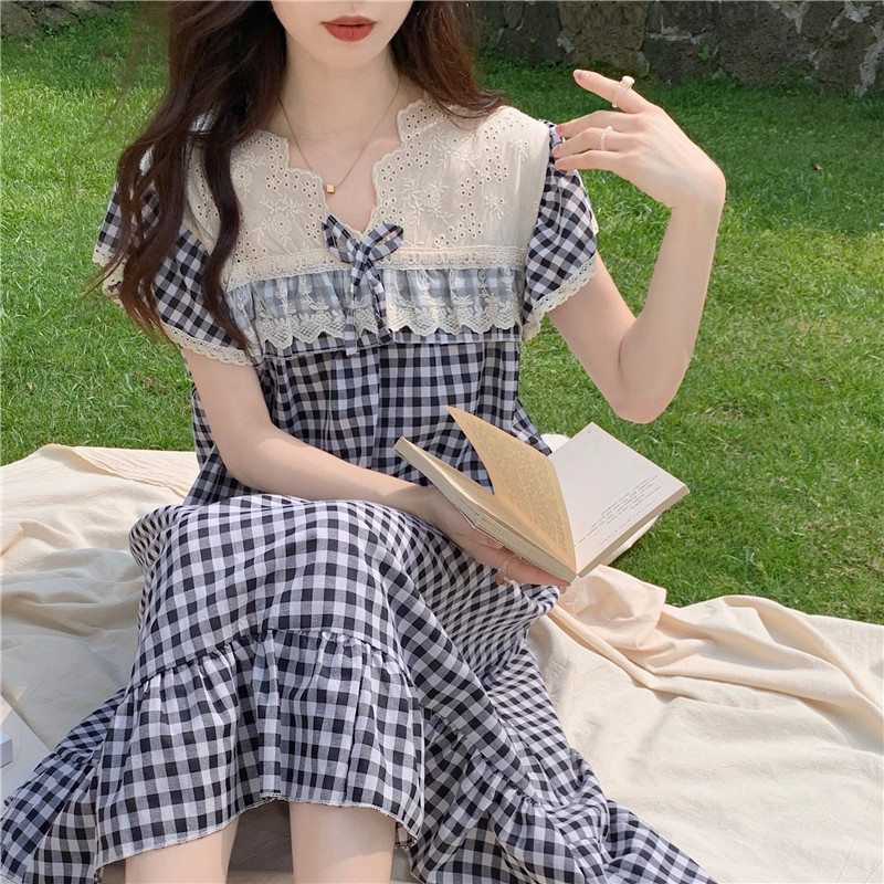 Verano ins Corea del Sur comercio exterior de las mujeres Plaid encaje dulce princesa bordado pesado encaje Home wear traje camisón
