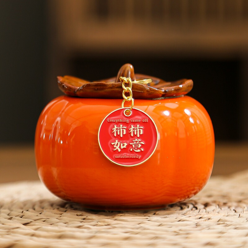 Persimmon ceramic sealed jar tea jar tea jar gift box suit small gift decoration hand gift candy candy jar