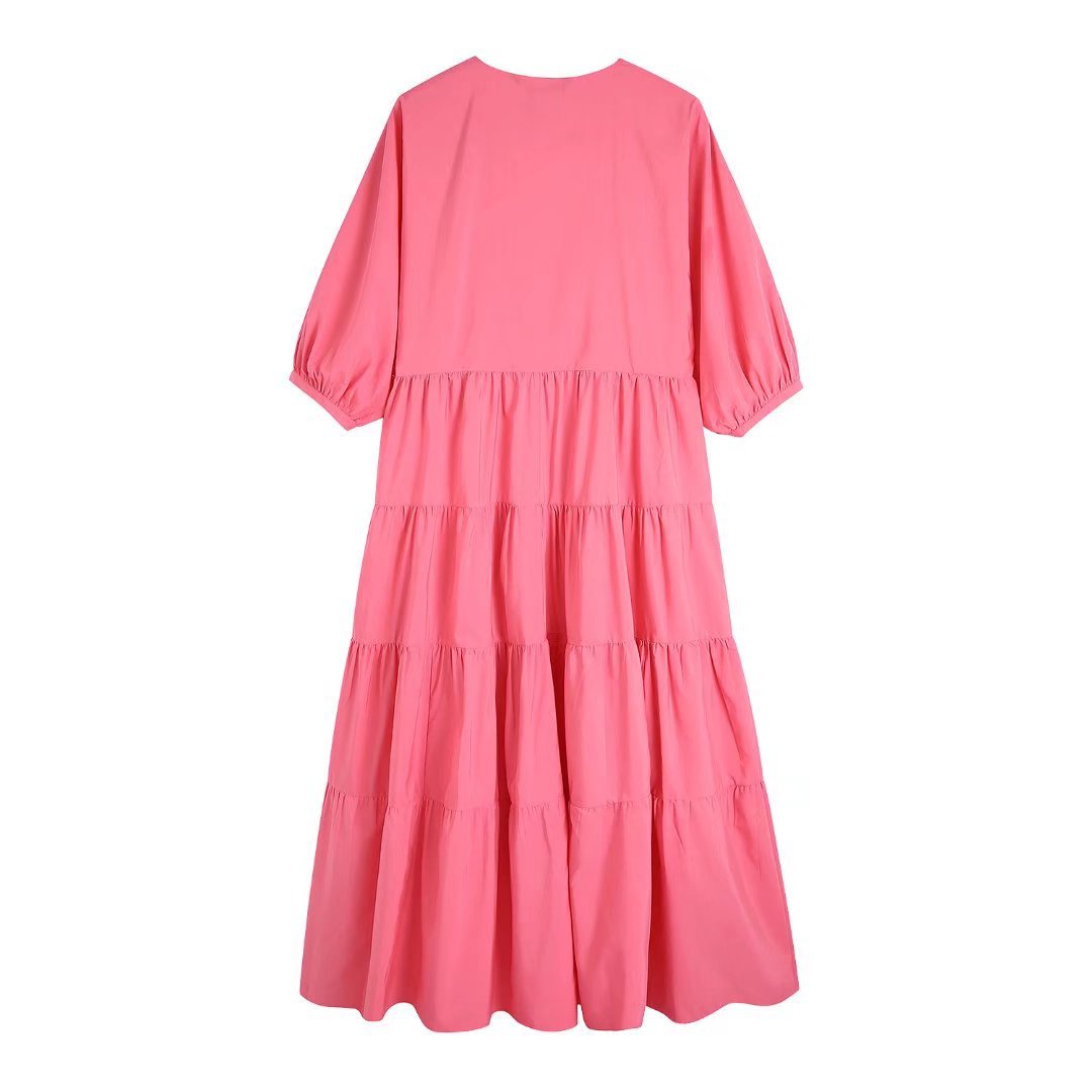 layered stitching v neck mid-sleeve loose solid color poplin dress NSAM126748