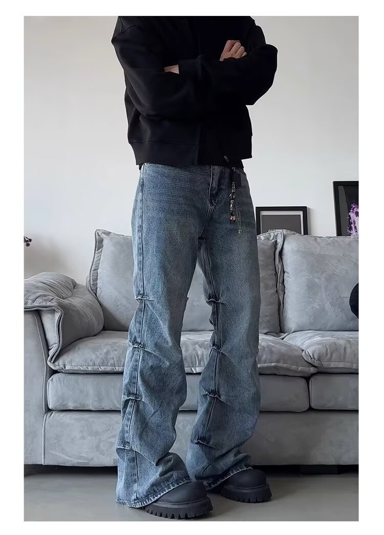 Men's Clothing high street side pleated design flared jeans loose distressed cleanfit wide leg trousers trend_voghion.com