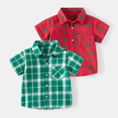 Fashionable plaid style short-sleeved short-sleeved soft and skin-friendly casual style lapel summer shirt for small and medium-sized boys