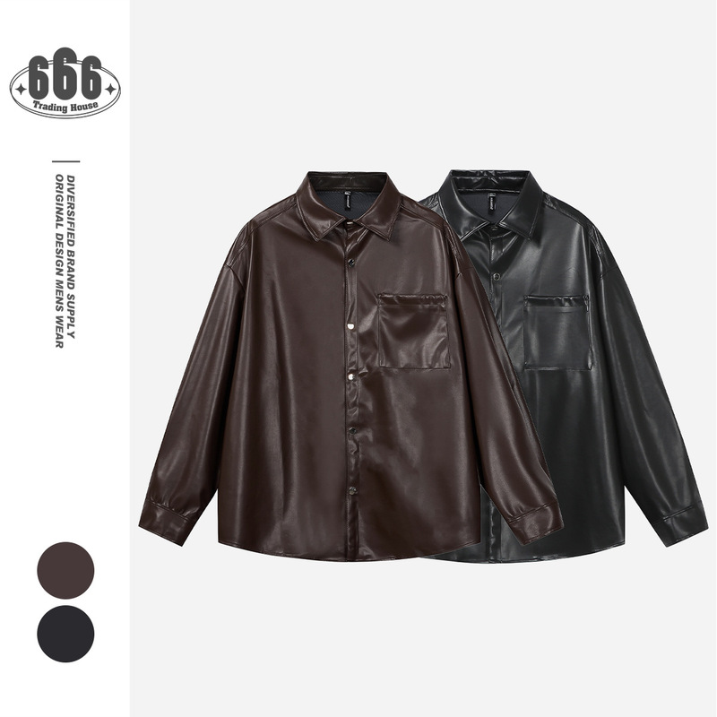 YANSANXIA American Style Retro Casual Fashion Brand PU Leather Shirt Men's Loose Lapel Motorcycle Leather Jacket C512