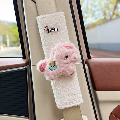 Extended Belt Covers – Seat belt shoulder pad - pink-plush-pony-white-lambswool-shoulder-pads-24cm-single