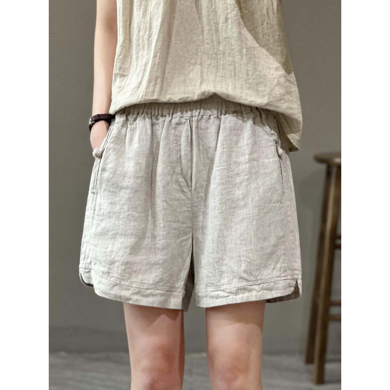 Official Website 2005 Summer Button High-End Women's Shorts Home Comfort Artistic Slimming Cotton and Linen Wide-Leg Knee-Length Shorts