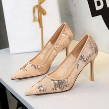 1963-5 style fashionable temperament high heels women's shoes pointed shallow mouth sequins lace mesh one foot sole women's shoes
