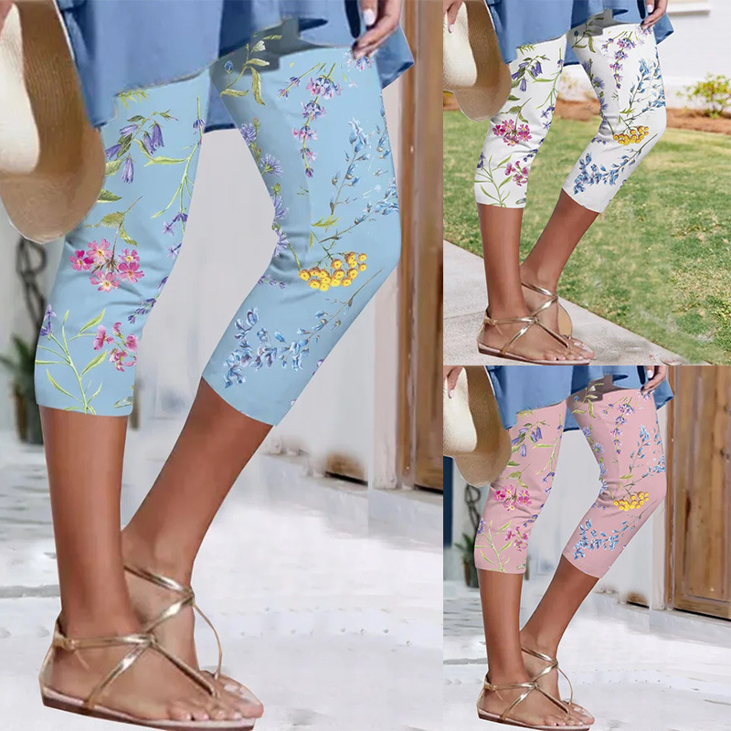 2024 European and American Summer Casual Amazon New Product Digital Printed Slim Cropped Pants Tight Leggings Women's Clothing