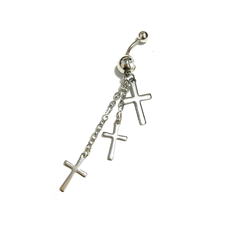Piercing nombril avec trois croix et chaîne à pompons en acier_voghion.com