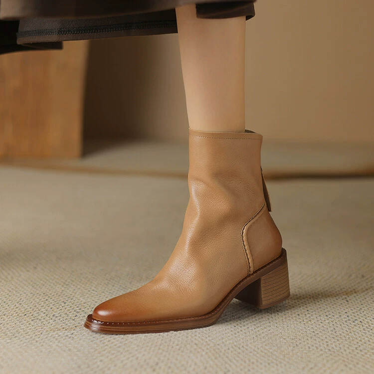 Leather low boots high heels, western style, cowhide