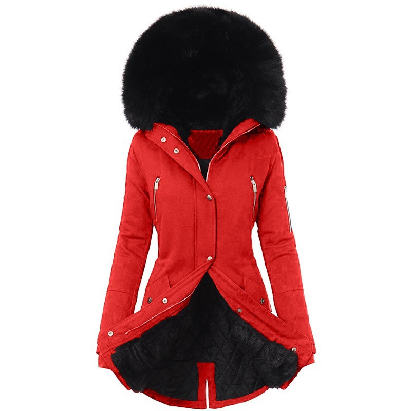 Amazon popular invierno abrigo de algodón acolchado de las mujeres Cuello de piel Abrigo acolchado de algodón abrigo de las mujeres de longitud media con capucha cintura apretada caliente chaqueta acolchada de algodón image 7