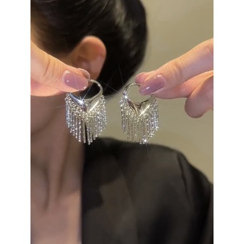 Heart-shaped tassel chain earrings with metal tassels, slim and stylish, suitable for women's fashion and unique design.