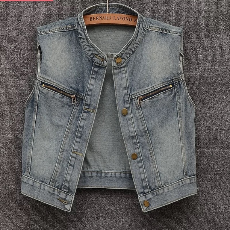 American Retro Stand-Collar Fashion Denim Vest for Women, 2026 Spring and Autumn Season, Padded Shoulder Sleeveless Slim-Fit Outerwear American Retro Stand-Collar Fashion Denim Vest for Women, 2026 Spring and Autumn Season, Padded Shoulder Sleeveless Slim-Fit Outerwear