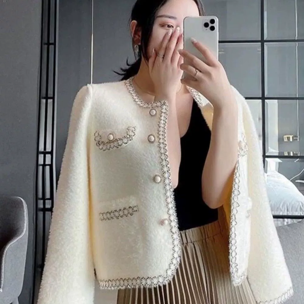 Французский маленький ароматный пиджак новый темперамент дамы имитация норкового бархата трикотажный кардиган женский осень-зима