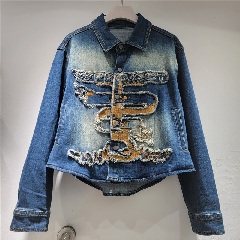 2026 nuevo desgaste a mano de la industria pesada estilo nacional retro bordado denim abrigo corto de manga larga con solapa camisa tipo blusa image 3