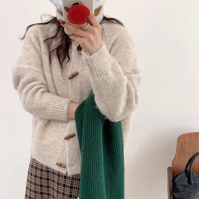 温柔氛围感复古牛角扣针织开衫女秋冬季新款宽松软糯休闲毛衣外套|undefined