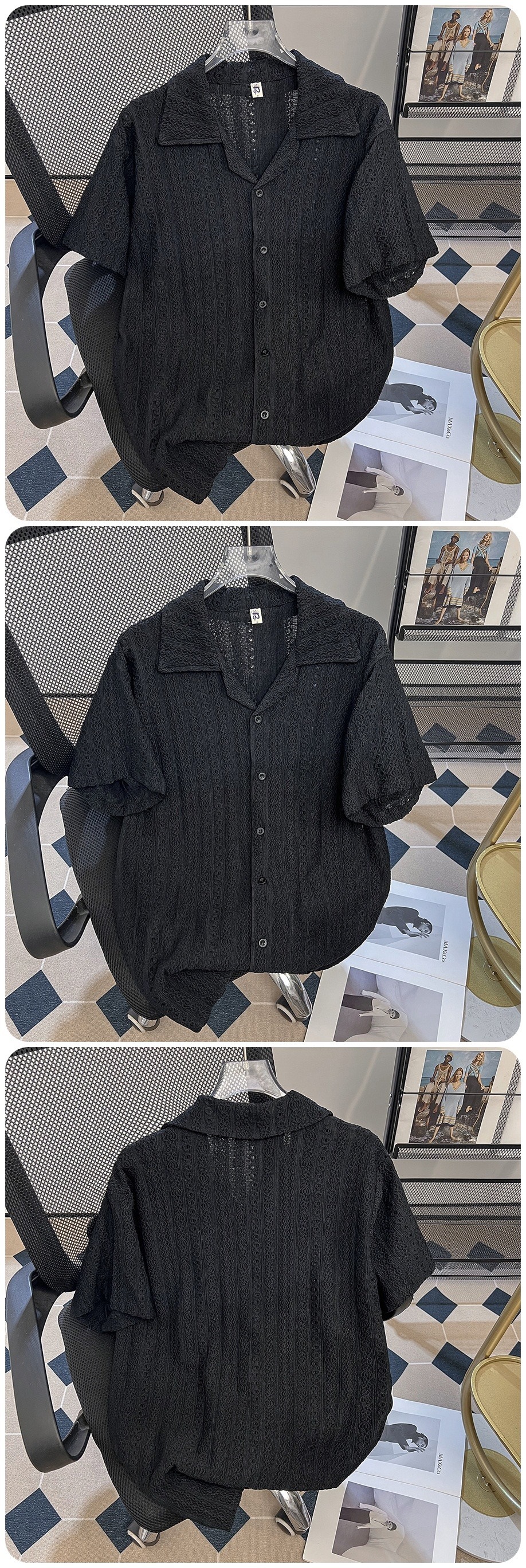 Men's Clothing Men's Thin Casual Cardigan Shirt Summer Trendy Loose Retro Cuban Collar Half Sleeve Wrinkle Resistant Hollowed Out Design_viptrois.com