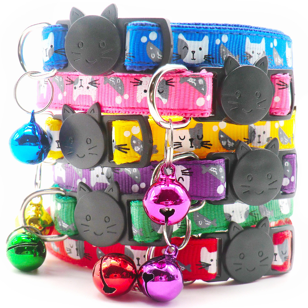 Cat Collar Fish Cartoon Print Adjustable Dog Collar Neck Collar Bell Clasp Pet Collar Tag Accessory