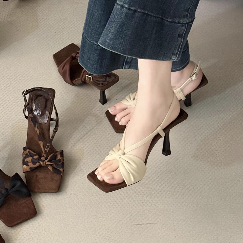 Retro Brown Square Toe Versatile and Comfortable One-Strap Sandals for Women, Ladylike Style Bow Open-Toe High Heels