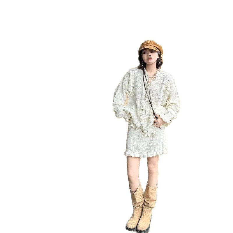 千金风小洋装套装2025早秋新款气质立体花朵灰色针织衫短裙女装|undefined