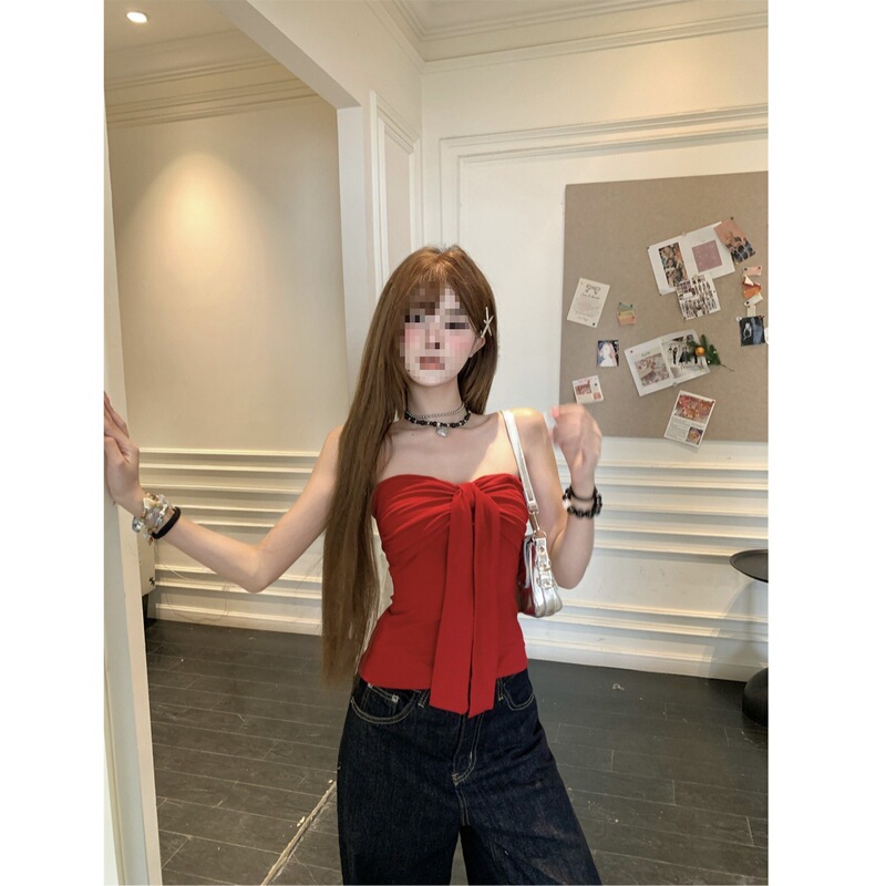 【Rayon】Hot Girl Bow Tie Strapless Tube Top Women's Pure Desire Style Red Slim Short Top Inner Wear