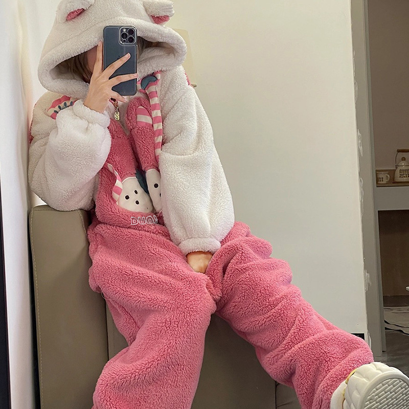 かわいい子猫コーラルベルベット長袖ワンピースパジャマ女性のための秋と冬 2025 新しい厚みのあるベルベット暖かいホーム服|undefined