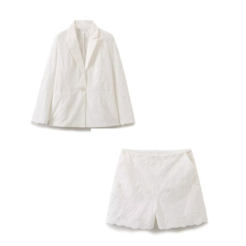 Cross-Border European and American Women's Fashion Aliexpress Ins Hot-Selling Hollow-Out Embroidered Blazer + Hollow-Out Embroidered Casual Shorts