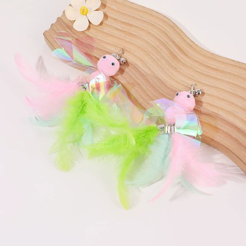Cross-border colorful sequin bee teasing cat stick replacement head cute little bee feather tail teasing cat artifact factory wholesale