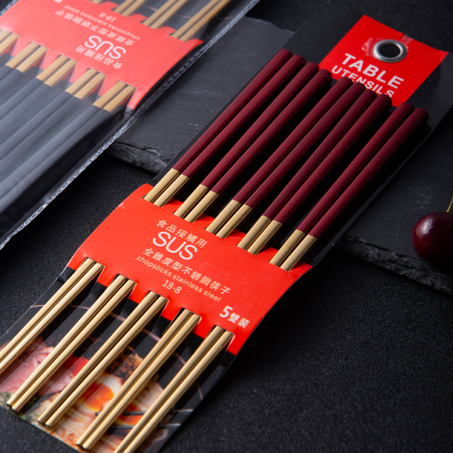 韓式烤漆304不鏽鋼筷子5雙裝網紅葡萄牙全方筷子酒店家用餐具套裝