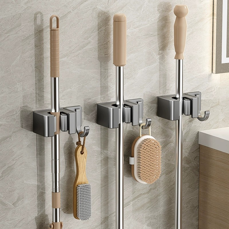 槍灰色拖把壁掛夾掛鈎衛生間免打孔多功能牆上太空鋁掃把固定掛架