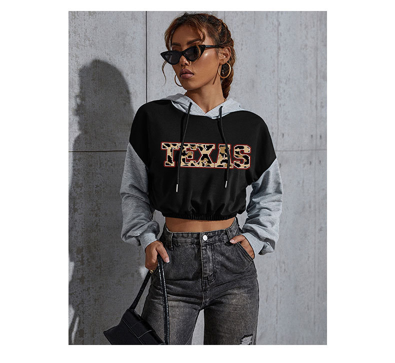 Felpa con cappuccio corta stampata autunno 2024, casual, corta, patchwork, per donna_voghion.com