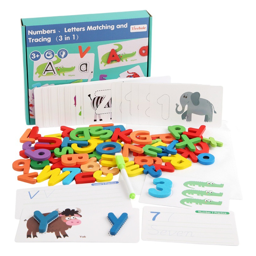 Tarjetas de madera transfronterizas con números y letras, juguetes educativos para niños, bloques de emparejamiento y descripción, iluminación para la educación temprana.