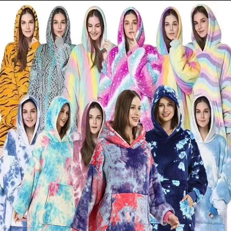 Зимняя одежда Новая трансграничная одежда с ленивым принтом Пуловер Флисовая одежда из овечьей кожи Ночная рубашка с капюшоном Одеяло Уличная холодостойкая одежда