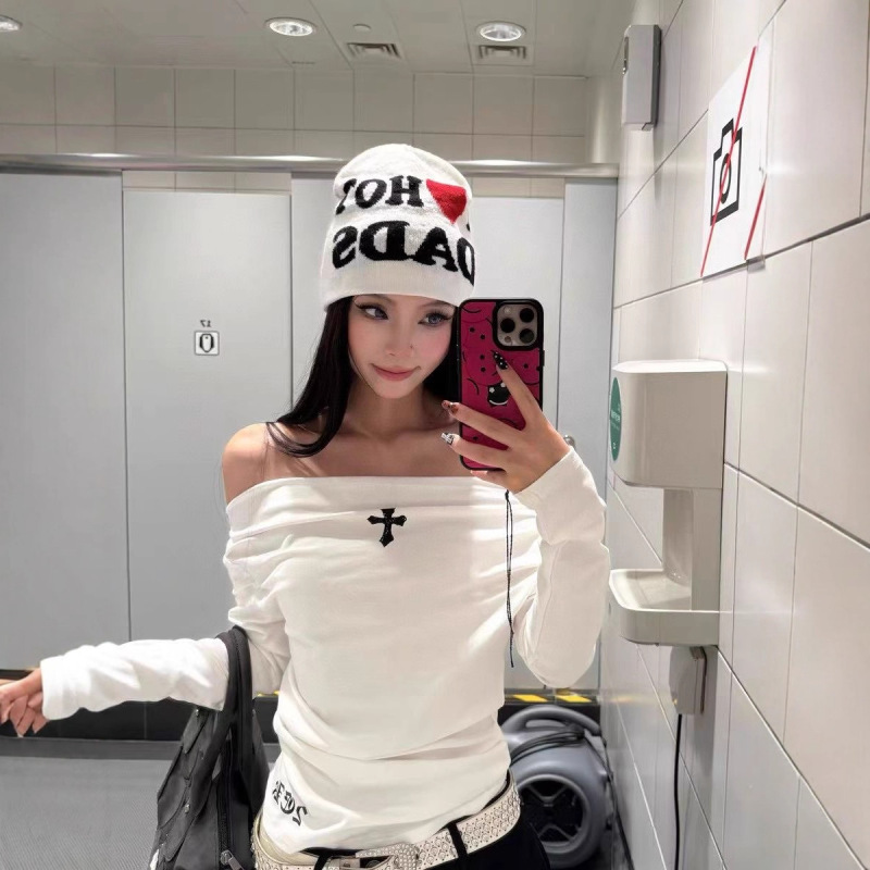 2025早秋新款美式辣妹十字架斜肩长袖女T恤显瘦漏肩一字肩上衣|undefined