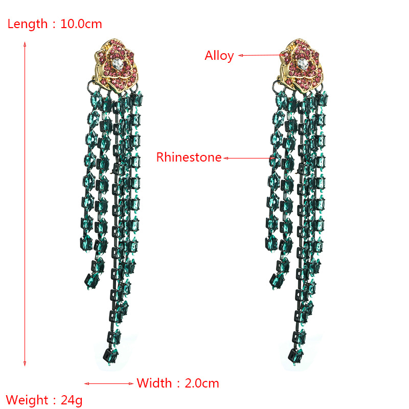 CrossBorder Supply European and American New Camellia Alloy Diamond Long Fringe Earrings Shiny HighGrade Earrings Wholesalepicture1