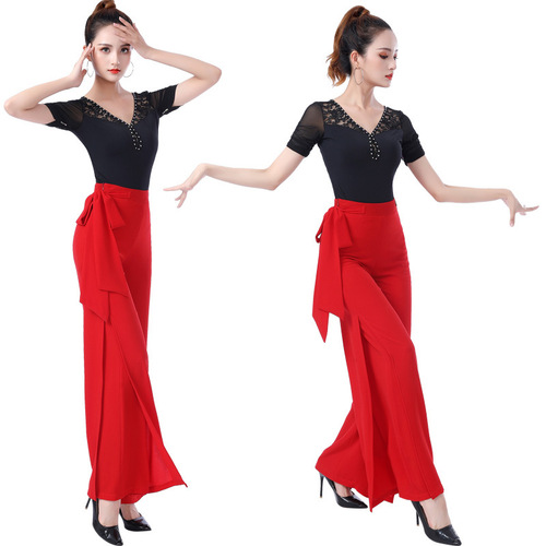 Black red wide leg ballroom latin dance pants for women high waist jive cha cha dance pants of Latin dance ballroom dance acrobatics long swing trousers