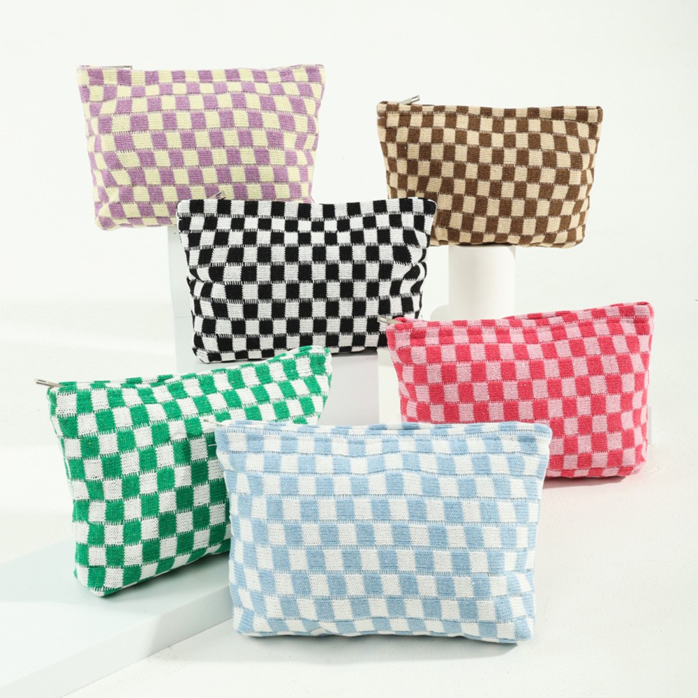 Korean Ins Wool Checkerboard Cosmetic Bag Large Capacity Pencil Case Knitted Cosmetics Bag Toiletry Bag Clutch Bag