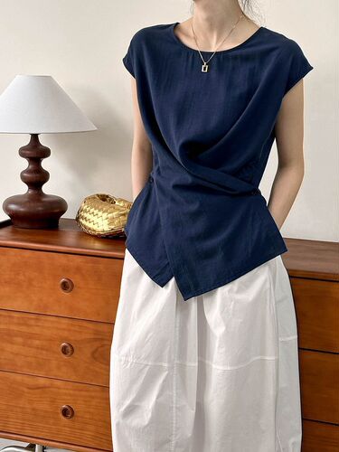 Women's Unlined Linen-Cotton Blouse with Dark Blue Color, Small Sleeveless Fly Collar, Asymmetrical Cross-Button Backless Top, Vintage Money-Clip Style