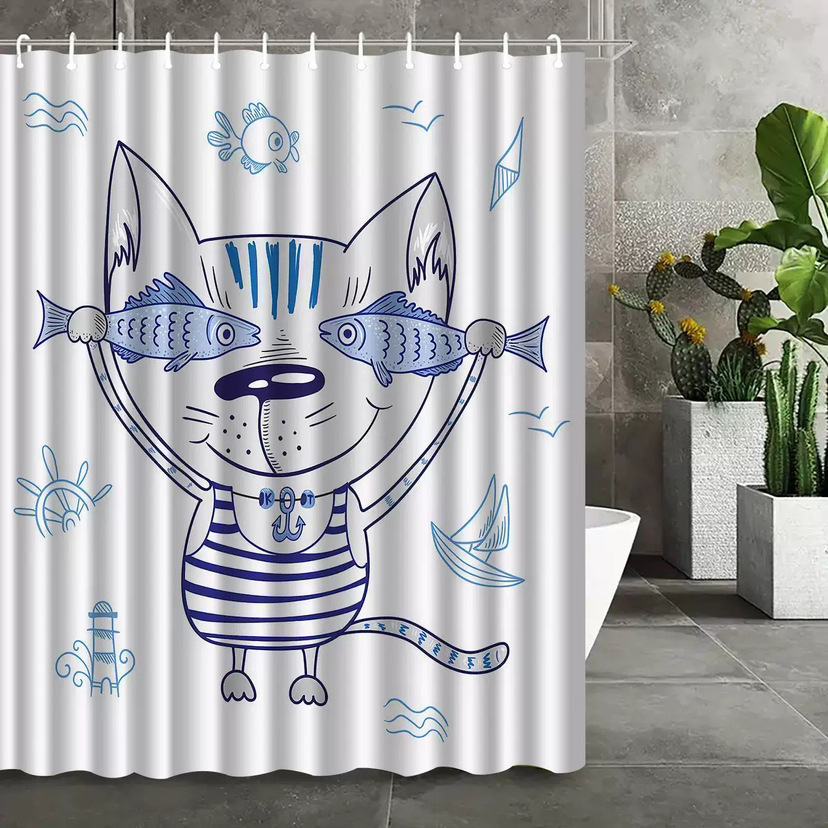Divertida cortina de baño valiente gato sostiene tridente flecha montar tiburones en las olas ballenas gatos cortina de baño conjunto baño