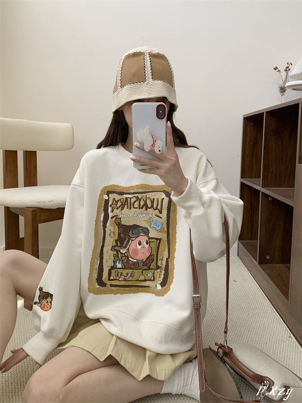 031慵懒风圆领卫衣女秋季新款薄款宽松韩版oversize女式上衣bf外|undefined
