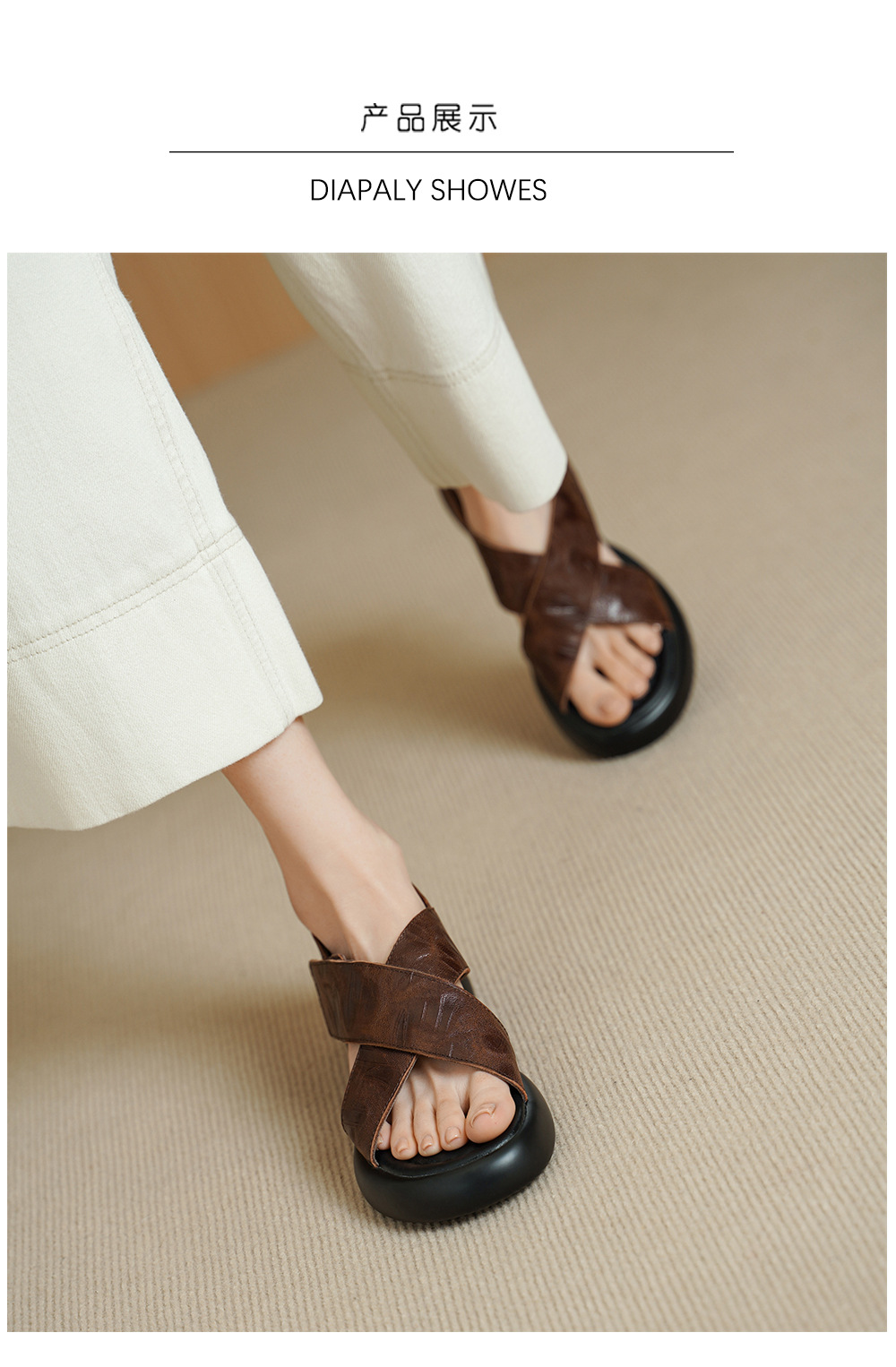Sandal nữ hở mũi đế dày 4 cm da cừu quai chéo bọc gót — màu nâu chi tiết 9