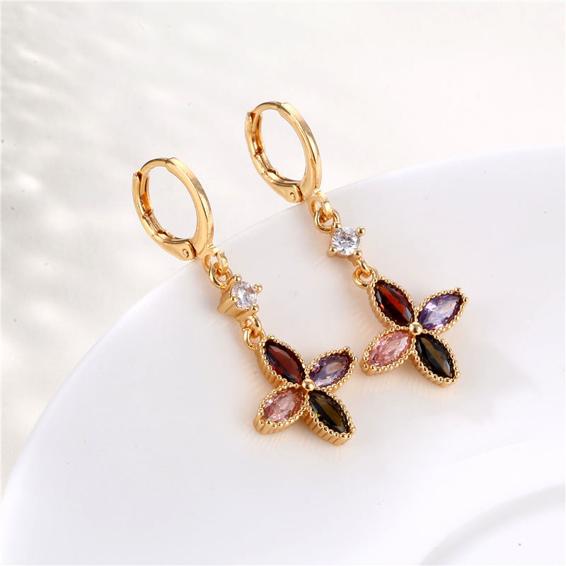 Cross-border European And American Earrings Female Clover Eardrop Independent Station French Entry Lux Fashion Mixed Color Zircon Earrings Jewelry display picture 3