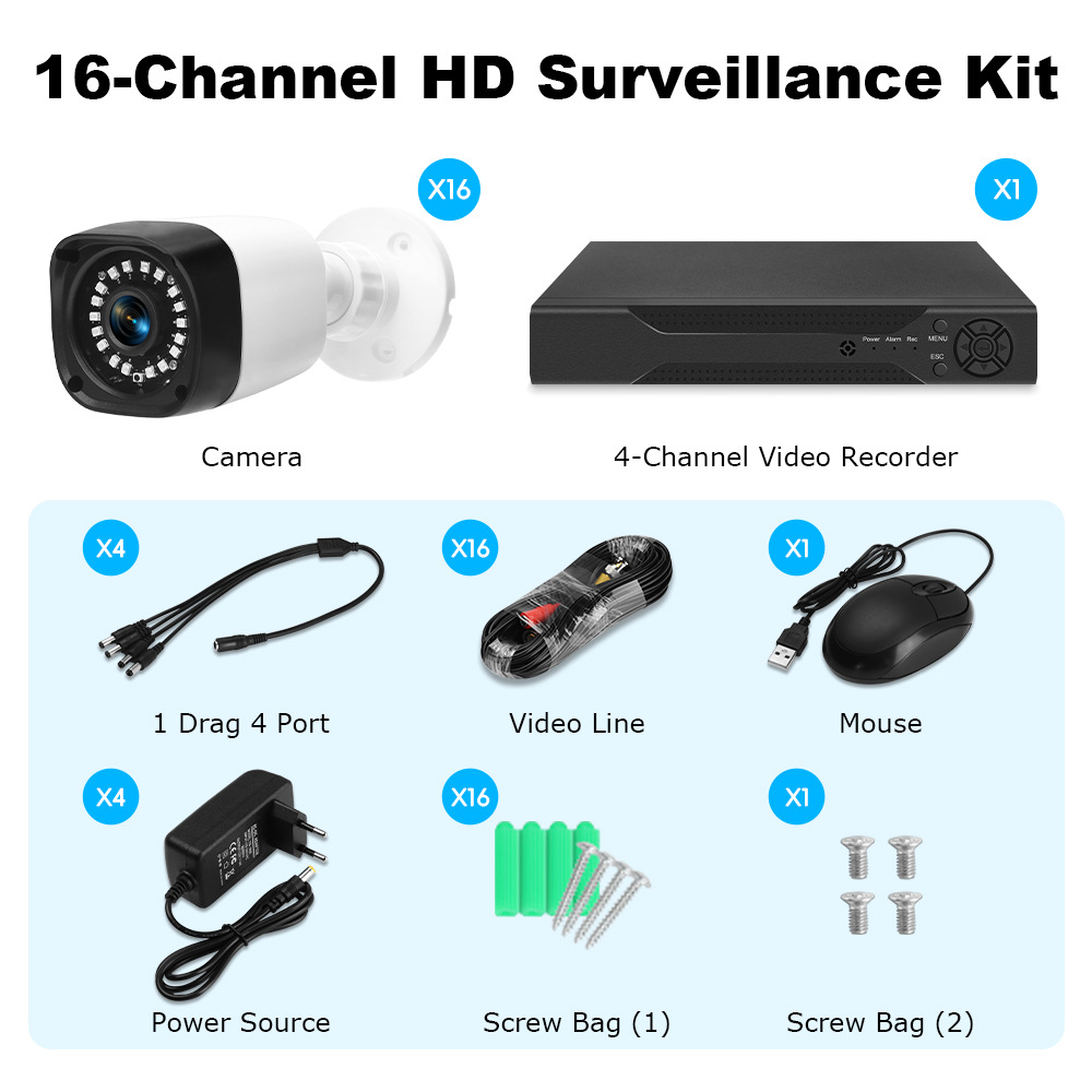 AHD paket CCTV izleme fabrikası izleme seti DVR kamera 4 kanallı 8 kanallı 16 kanallı yüksek çözünürlüklü gece görüş seti