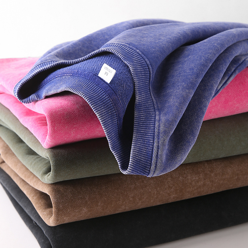 Cruzar la frontera de Primavera y Otoño nuevo pesado Americano lavado angustiado interior superior Camiseta pareja de moda retro marca suéter de cuello redondo