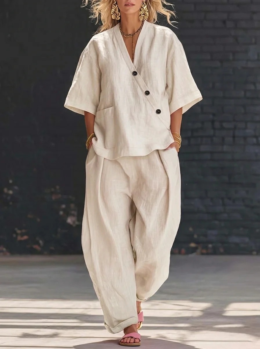Women's Clothing Women's Solid Color Summer Set V Neck Short Sleeve Top And High Waisted Trousers Two Piece Style Clothing_ecoleips.com